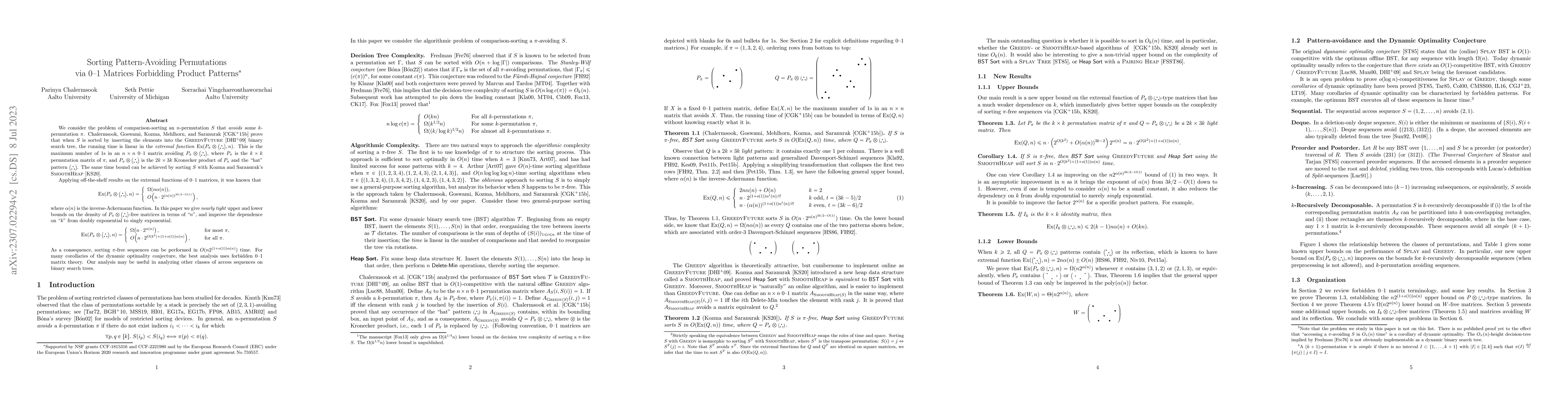 Thumbnail for Sorting Pattern-Avoiding Permutations via 0-1 Matrices Forbidding
  Product Patterns