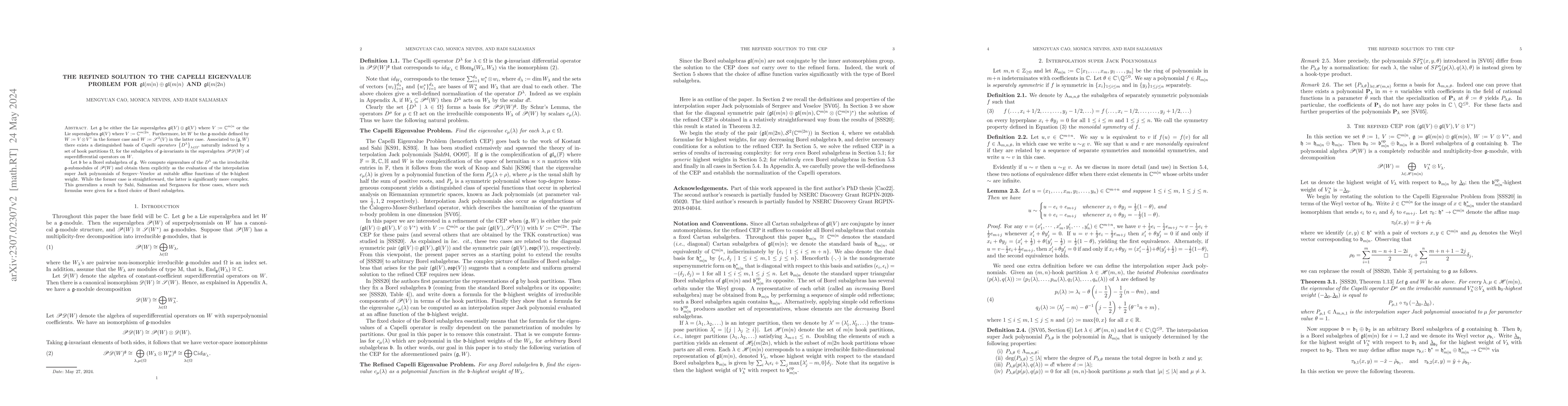 Thumbnail for The refined solution to the Capelli eigenvalue problem for
  $\mathfrak{gl}(m|n)\oplus\mathfrak{gl}(m|n)$ and $\mathfrak{gl}(m|2n)$