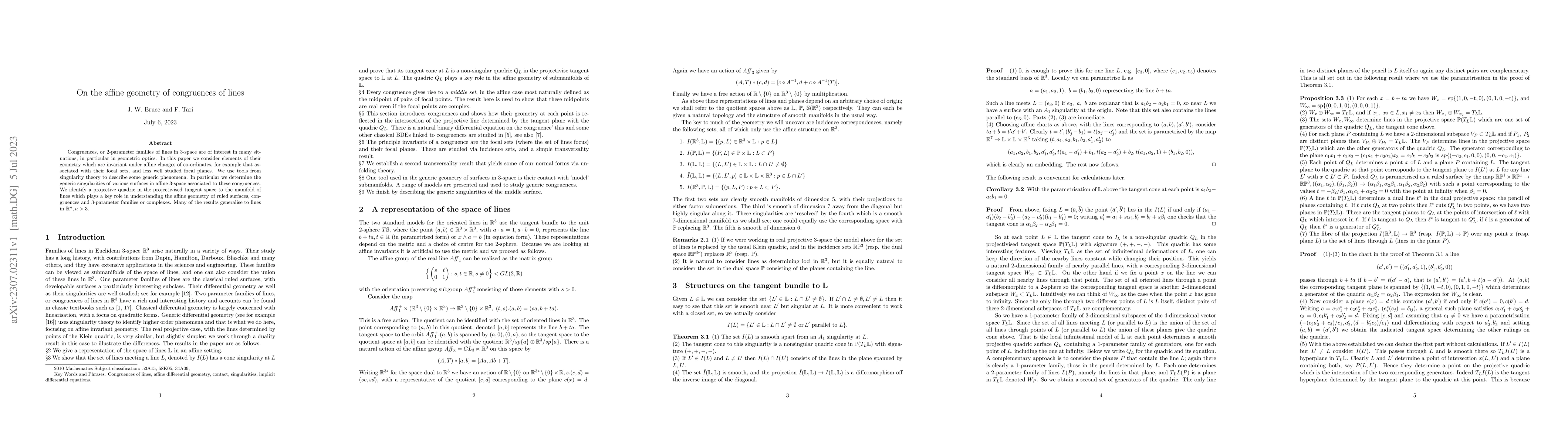 Thumbnail for On the affine geometry of congruences of lines