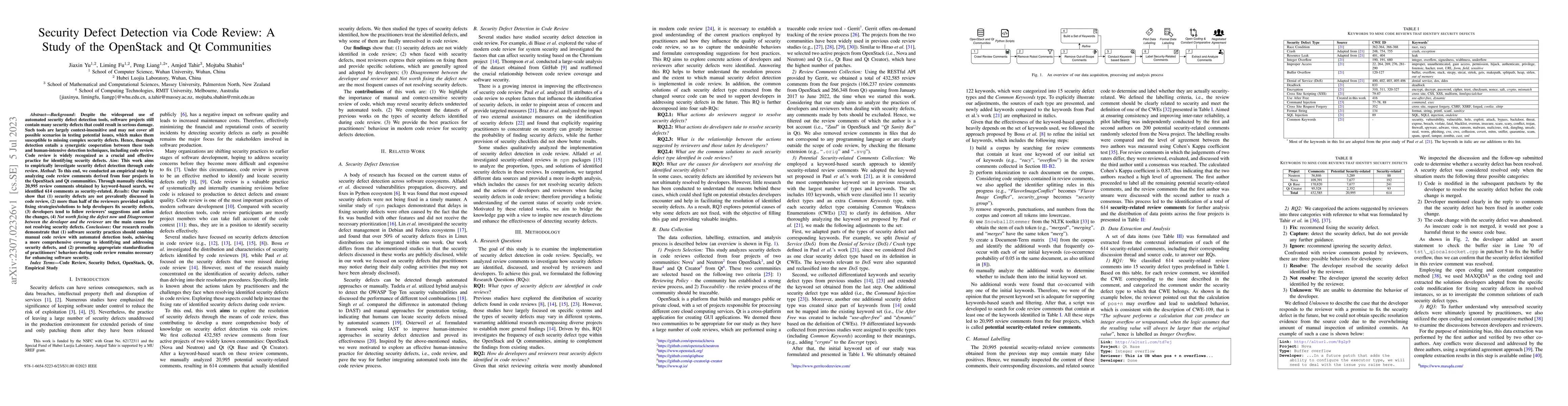 Thumbnail for Security Defect Detection via Code Review: A Study of the OpenStack and
  Qt Communities