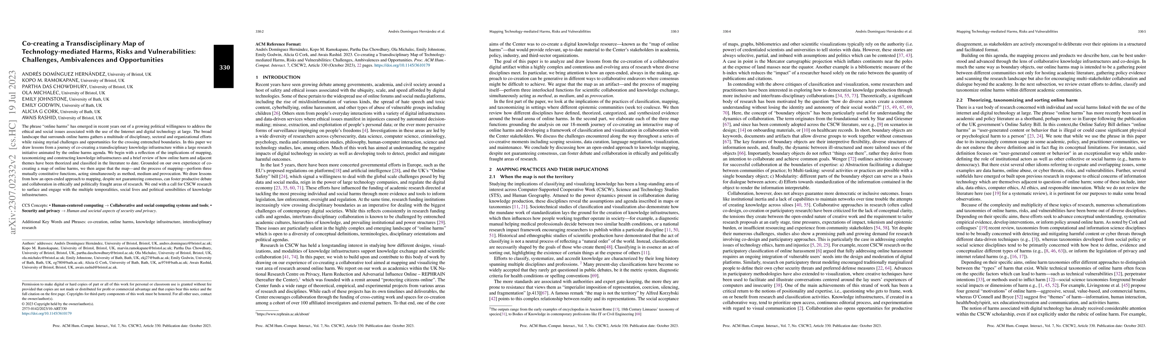 Thumbnail for Co-creating a Transdisciplinary Map of Technology-mediated Harms, Risks
  and Vulnerabilities: Challenges, Ambivalences and Opportunities