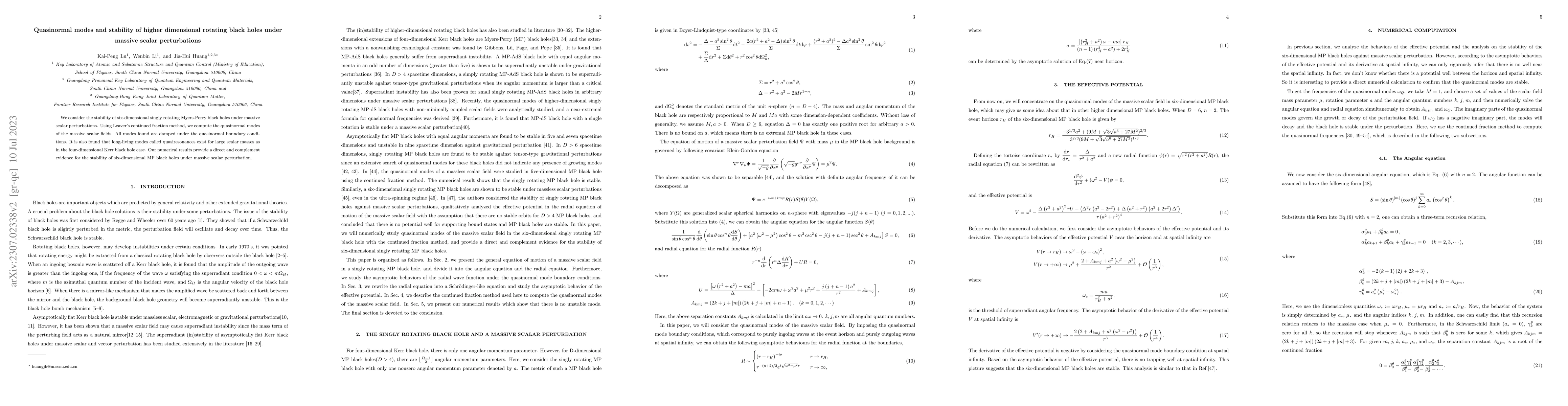 Thumbnail for Quasinormal modes and stability of higher dimensional rotating black
  holes under massive scalar perturbations