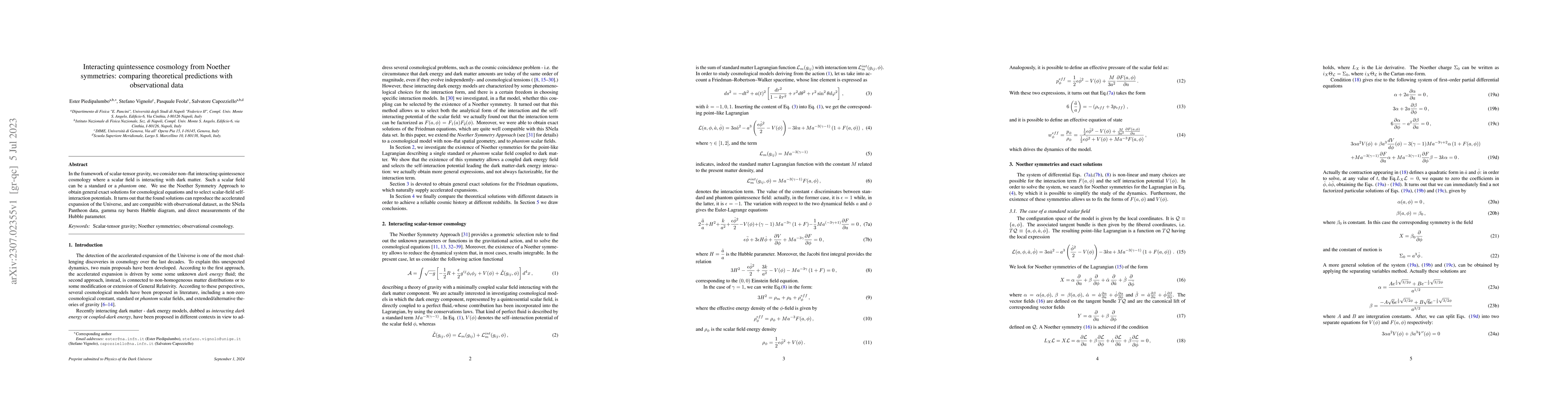 Thumbnail for Interacting quintessence cosmology from Noether symmetries: comparing
  theoretical predictions with observational data