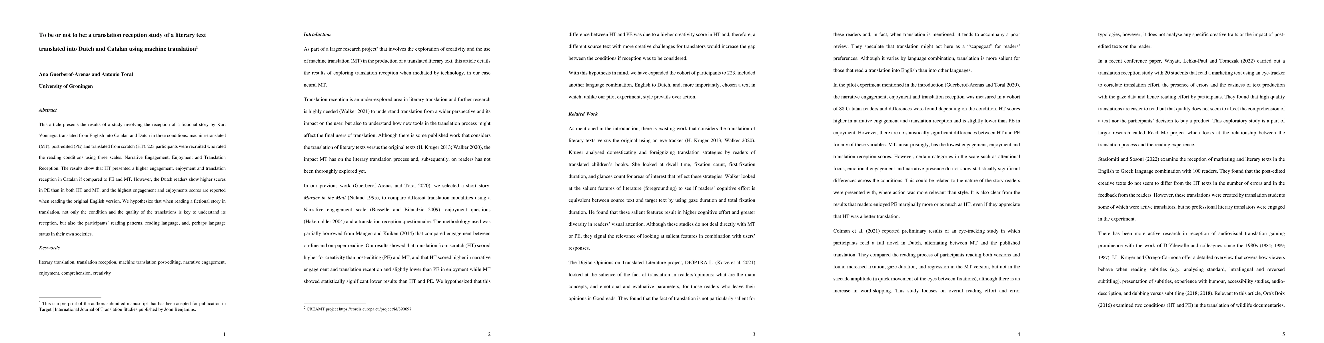 Thumbnail for To be or not to be: a translation reception study of a literary text
  translated into Dutch and Catalan using machine translation
