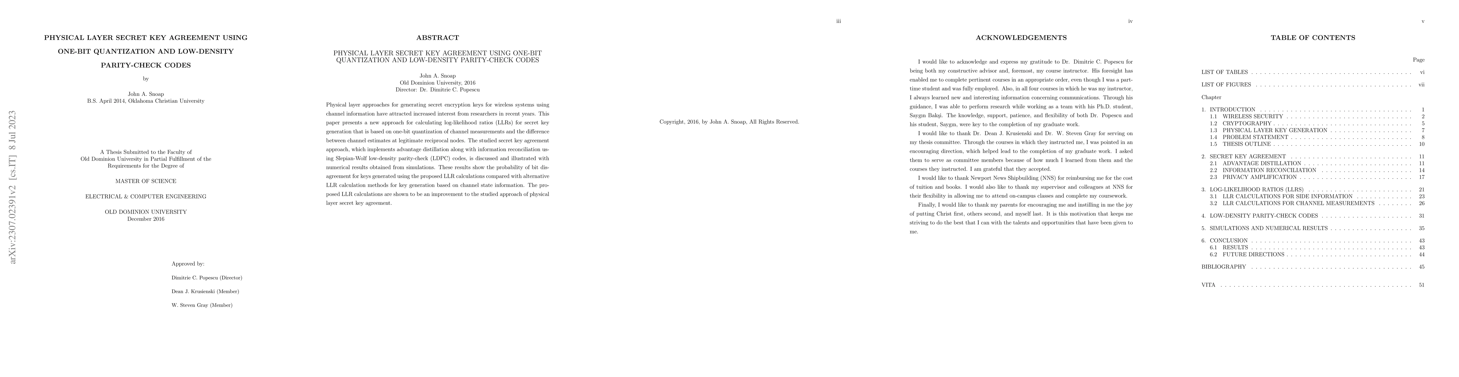 Thumbnail for Physical Layer Secret Key Agreement Using One-Bit Quantization and
  Low-Density Parity-Check Codes