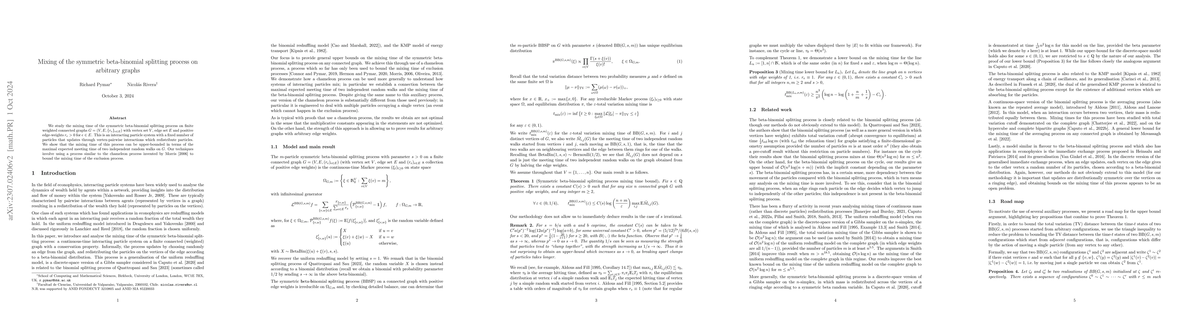 Thumbnail for Mixing of the symmetric beta-binomial splitting process on arbitrary
  graphs