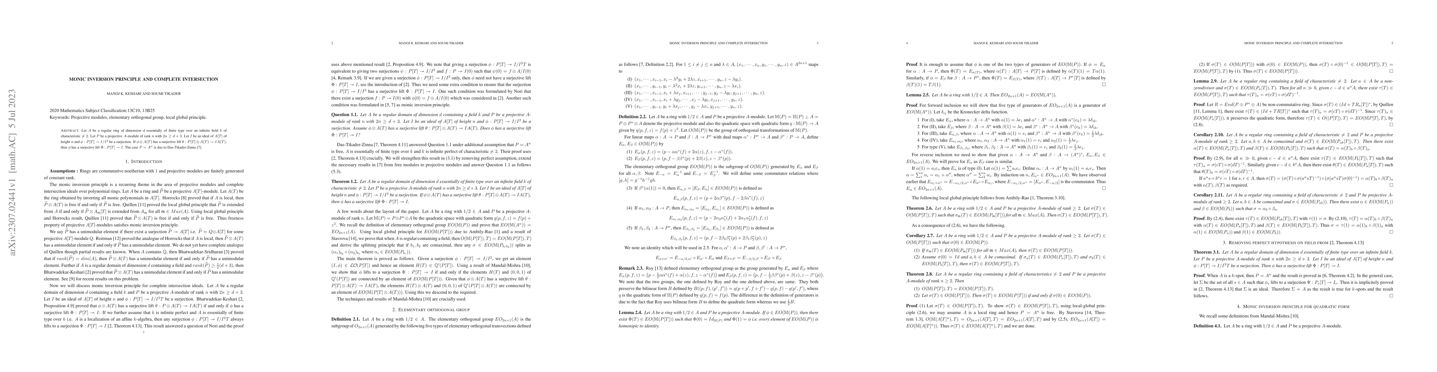 Thumbnail for Monic Inversion Principle and Complete intersection