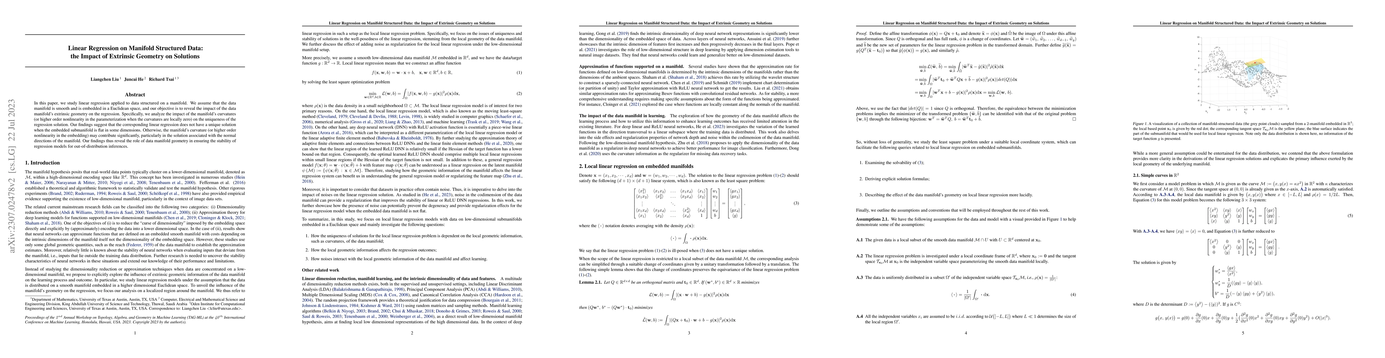 Thumbnail for Linear Regression on Manifold Structured Data: the Impact of Extrinsic
  Geometry on Solutions