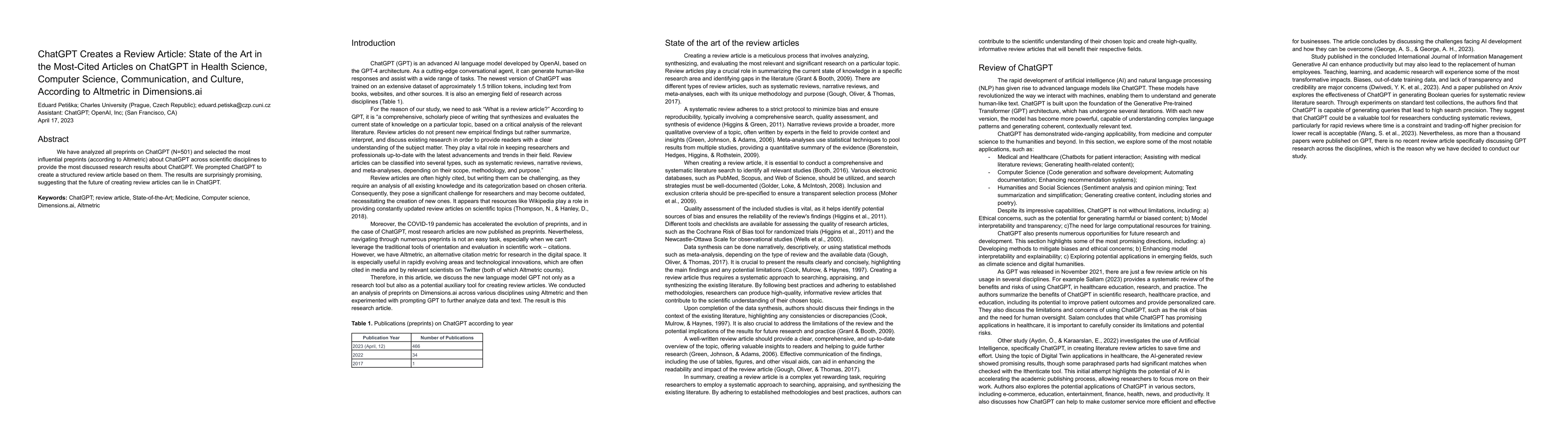 Thumbnail for ChatGPT Creates a Review Article: State of the Art in the Most-Cited
  Articles on ChatGPT in Health Science, Computer Science, Communication, and
  Culture, According to Altmetric in Dimensions.ai