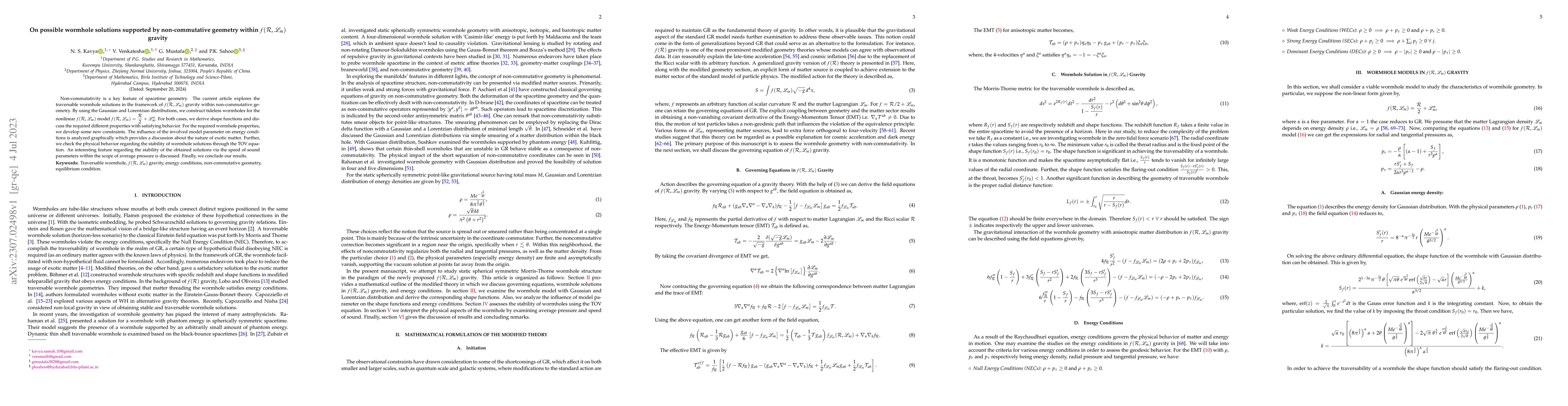 Thumbnail for On possible wormhole solutions supported by non-commutative geometry
  within $f(R, L_m)$ gravity