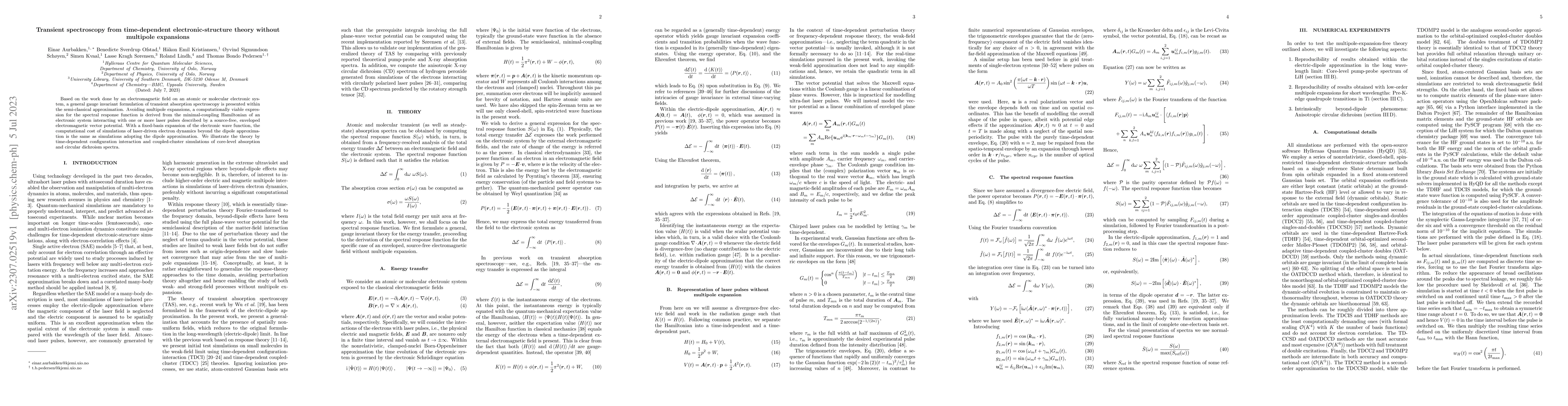 Thumbnail for Transient spectroscopy from time-dependent electronic-structure theory
  without multipole expansions