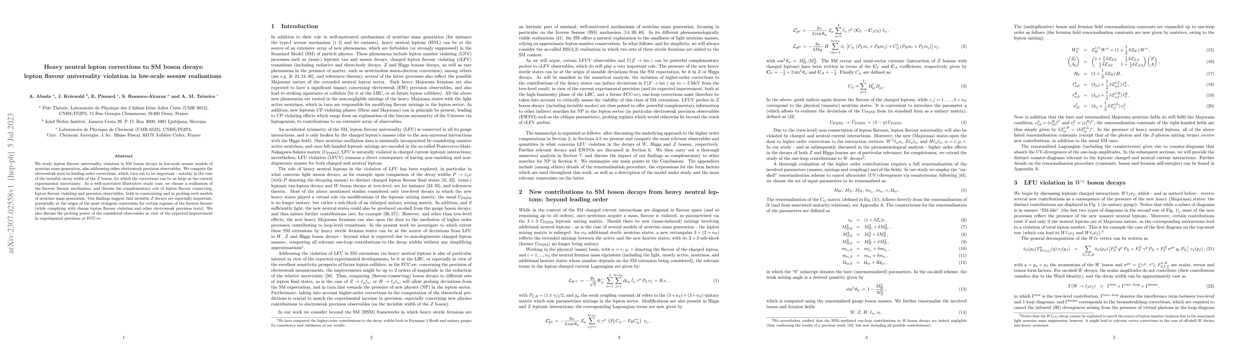 Thumbnail for Heavy neutral lepton corrections to SM boson decays: lepton flavour
  universality violation in low-scale seesaw realisations