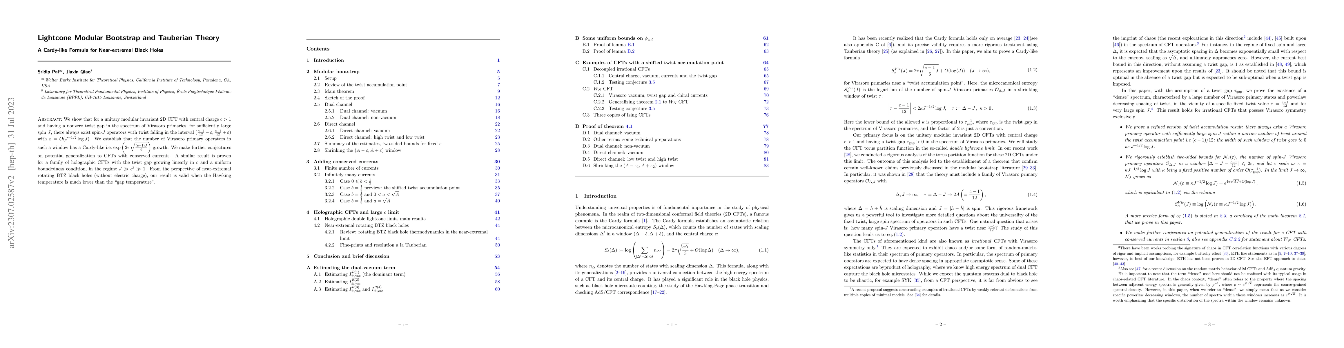 Thumbnail for Lightcone Modular Bootstrap and Tauberian Theory: A Cardy-like Formula
  for Near-extremal Black Holes