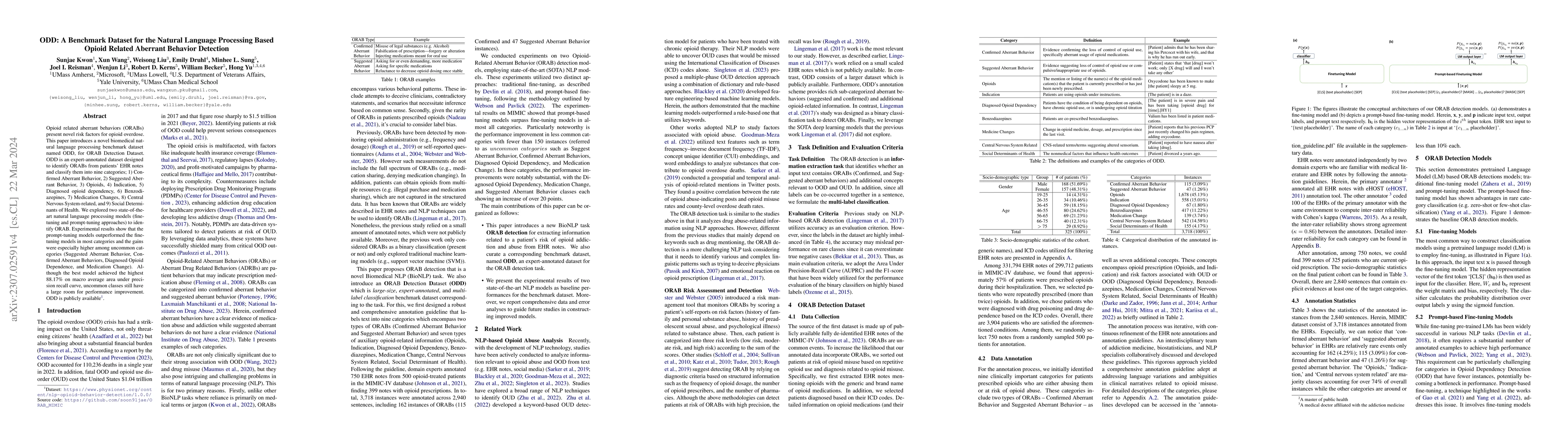 Thumbnail for ODD: A Benchmark Dataset for the Natural Language Processing based
  Opioid Related Aberrant Behavior Detection