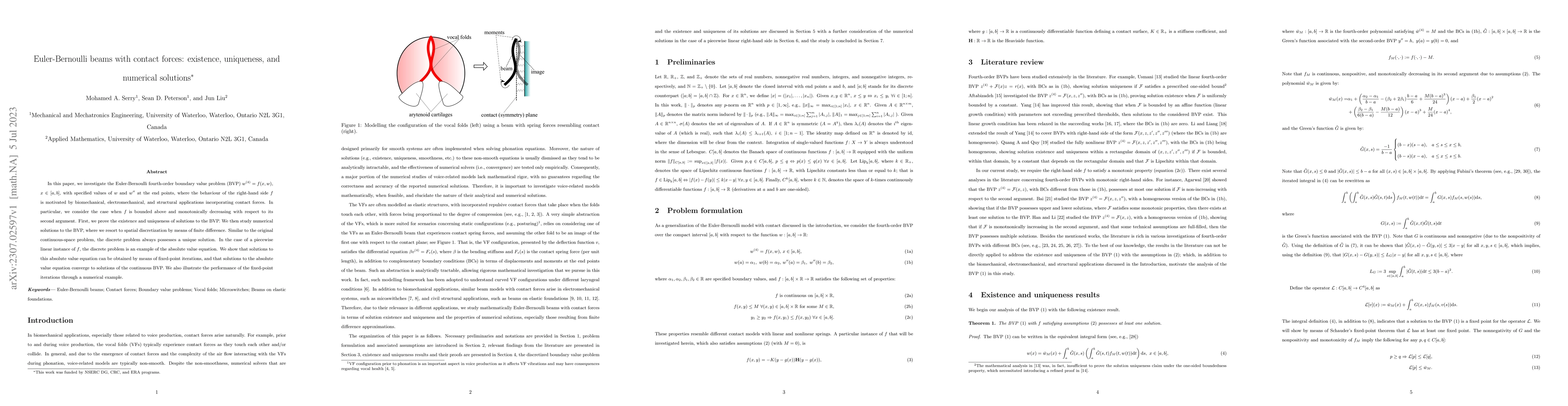 Thumbnail for Euler-Bernoulli beams with contact forces: existence, uniqueness, and
  numerical solutions