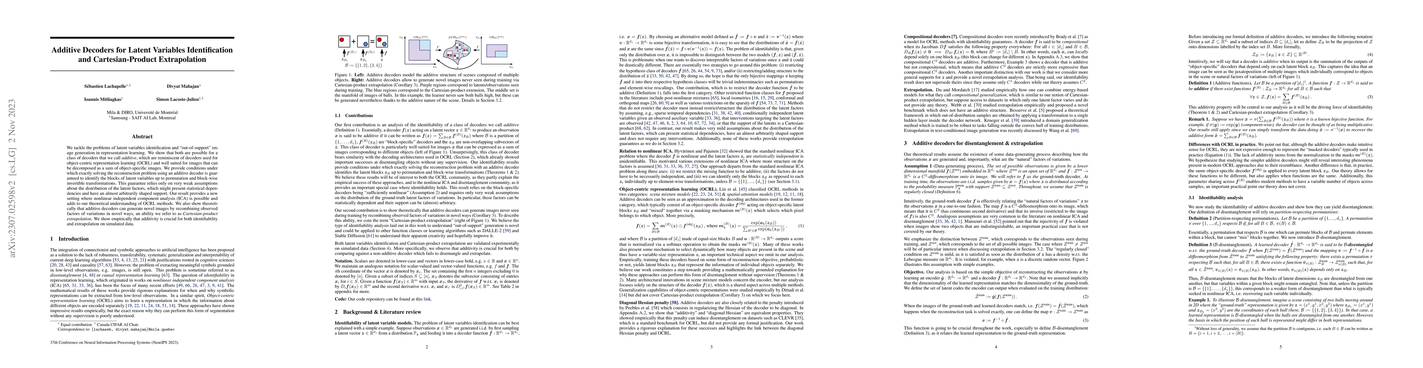Thumbnail for Additive Decoders for Latent Variables Identification and
  Cartesian-Product Extrapolation