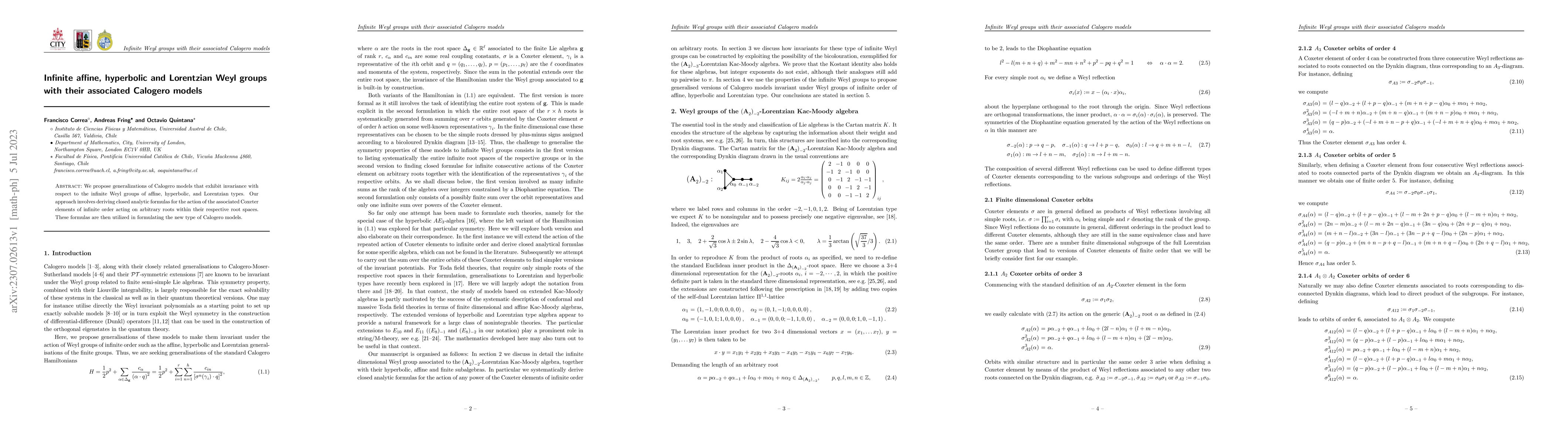 Thumbnail for Infinite affine, hyperbolic and Lorentzian Weyl groups with their
  associated Calogero models