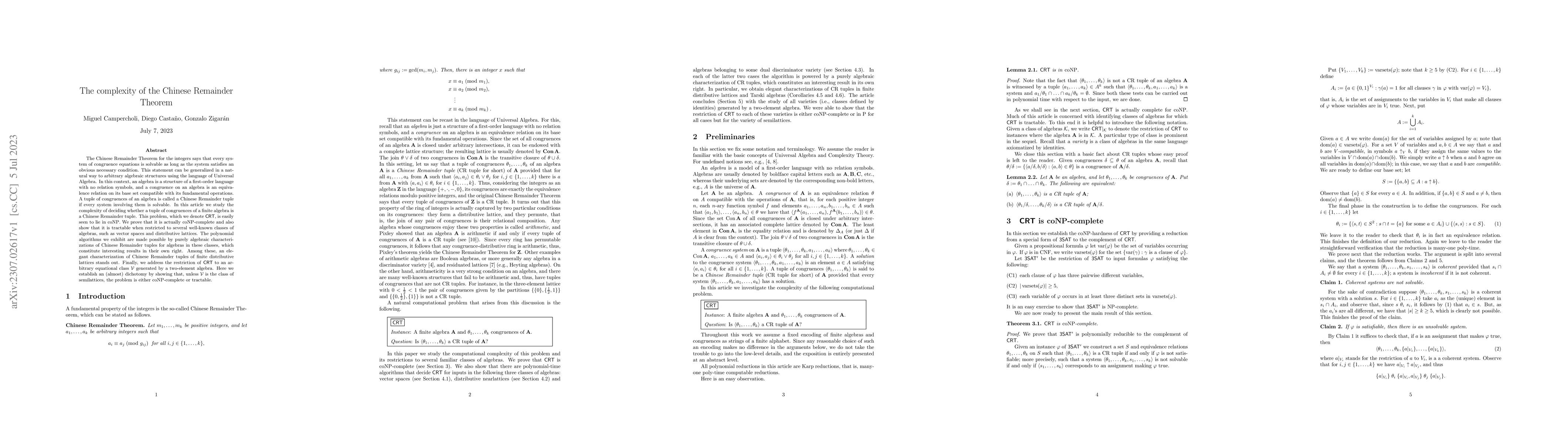 Thumbnail for The complexity of the Chinese Remainder Theorem