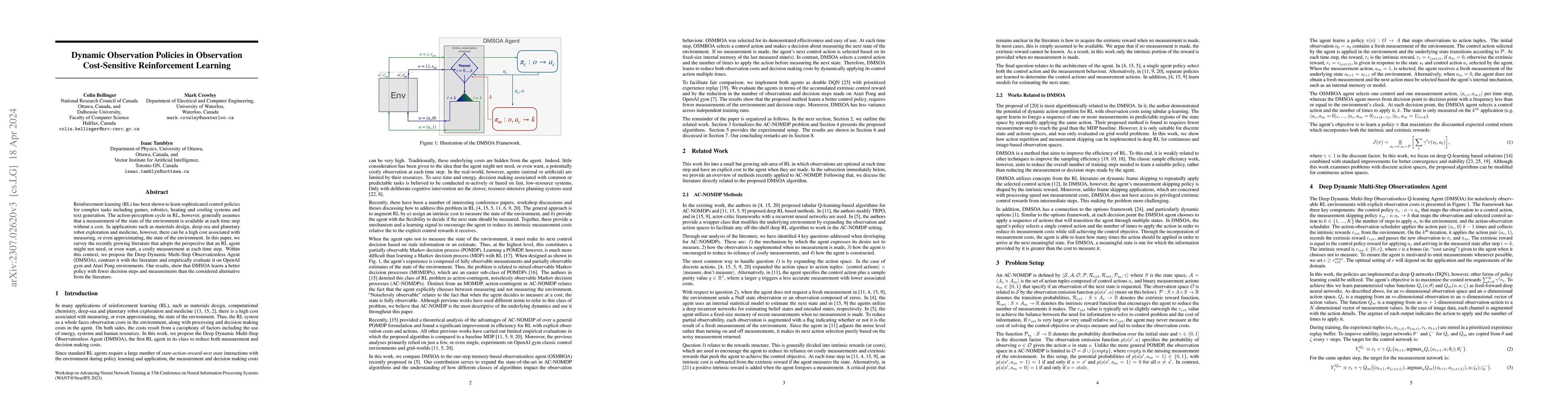 Thumbnail for Dynamic Observation Policies in Observation Cost-Sensitive Reinforcement
  Learning