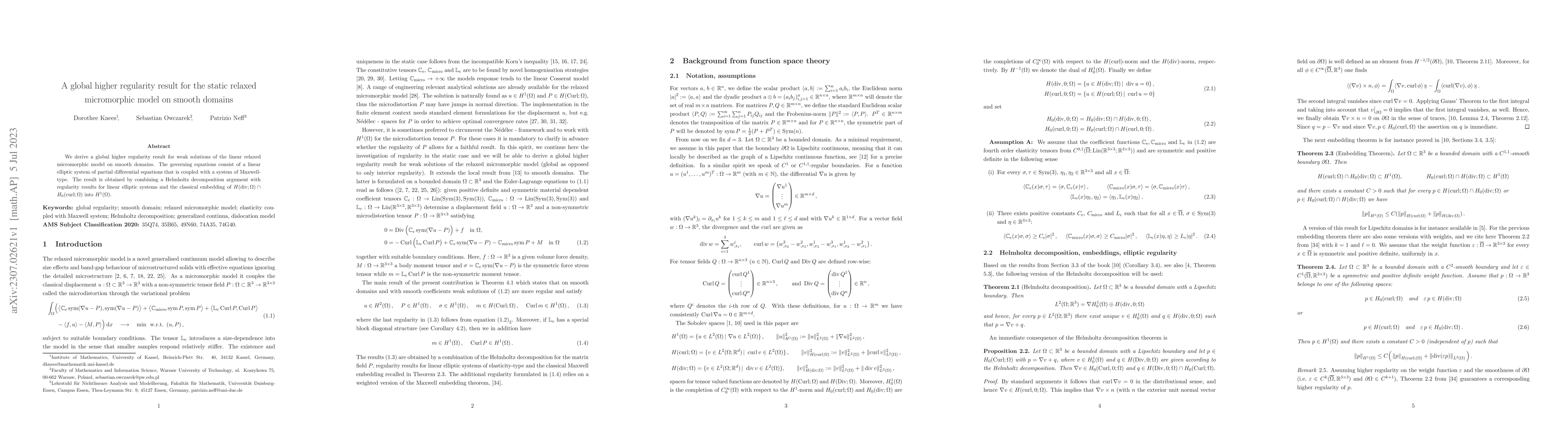Thumbnail for A global higher regularity result for the static relaxed micromorphic
  model on smooth domains