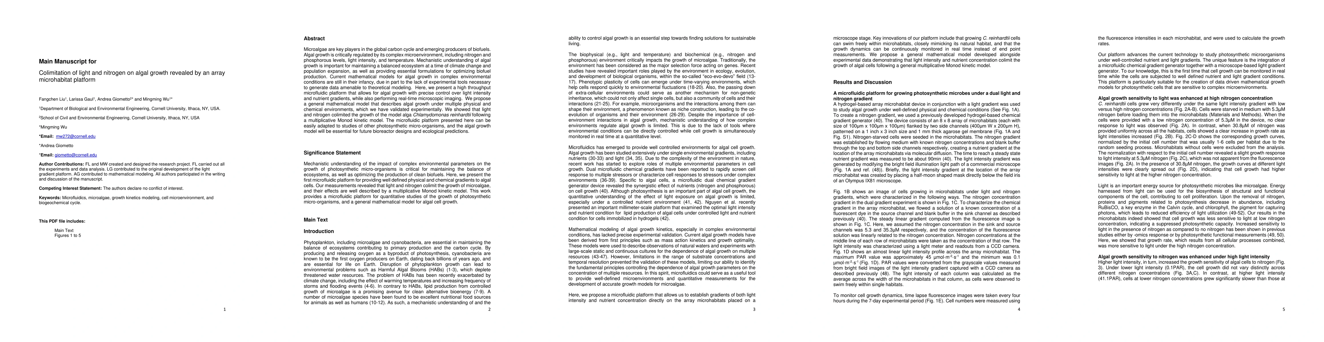 Thumbnail for Colimitation of light and nitrogen on algal growth revealed by an array
  microhabitat platform