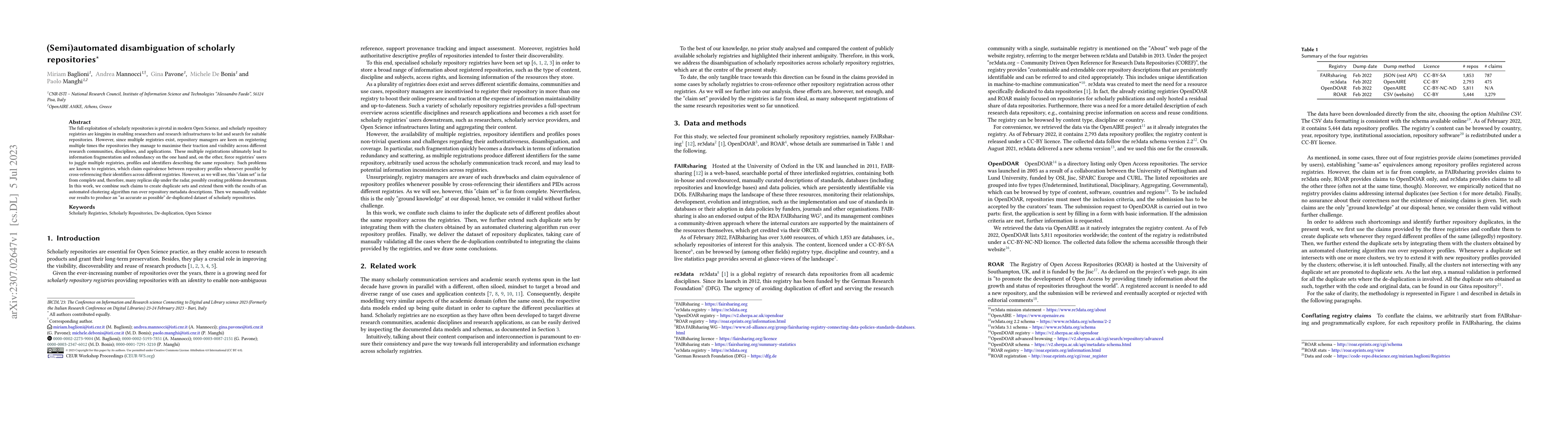 Thumbnail for (Semi)automated disambiguation of scholarly repositories