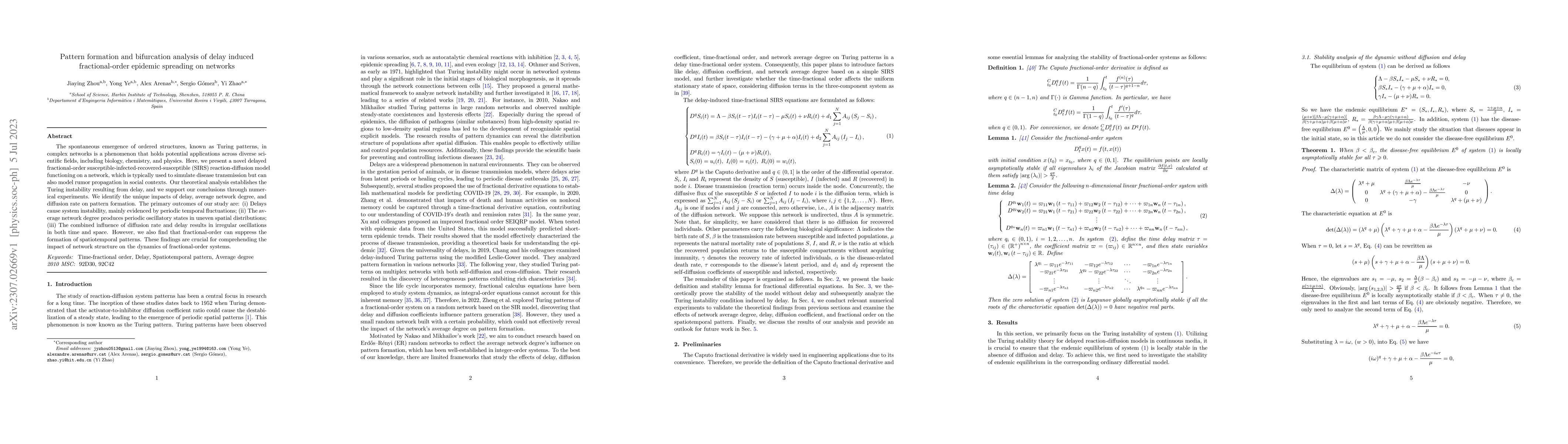Thumbnail for Pattern formation and bifurcation analysis of delay induced
  fractional-order epidemic spreading on networks
