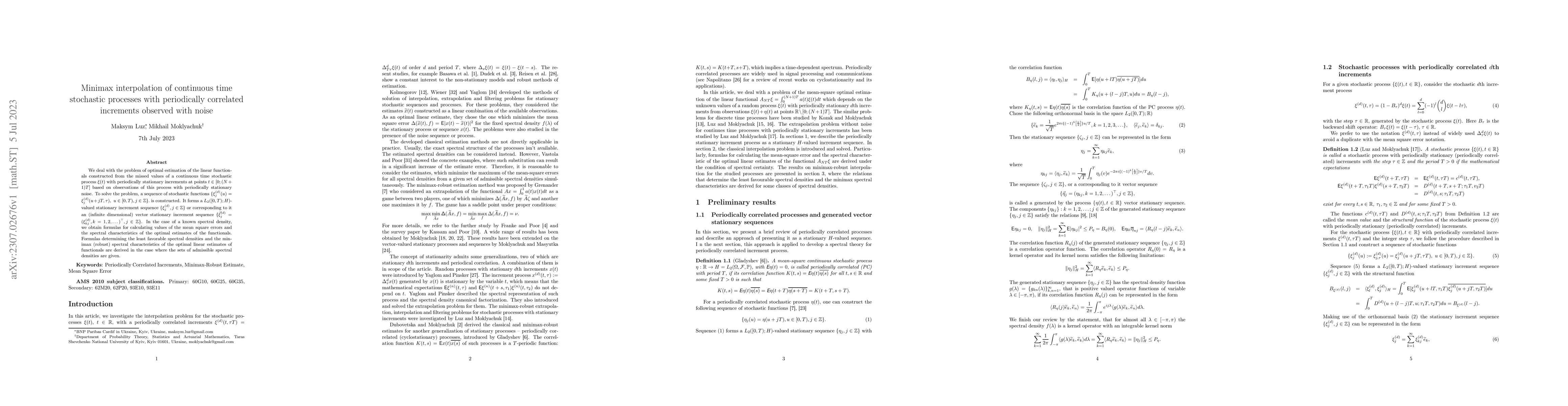 Thumbnail for Minimax interpolation of continuous time stochastic processes with
  periodically correlated increments observed with noise