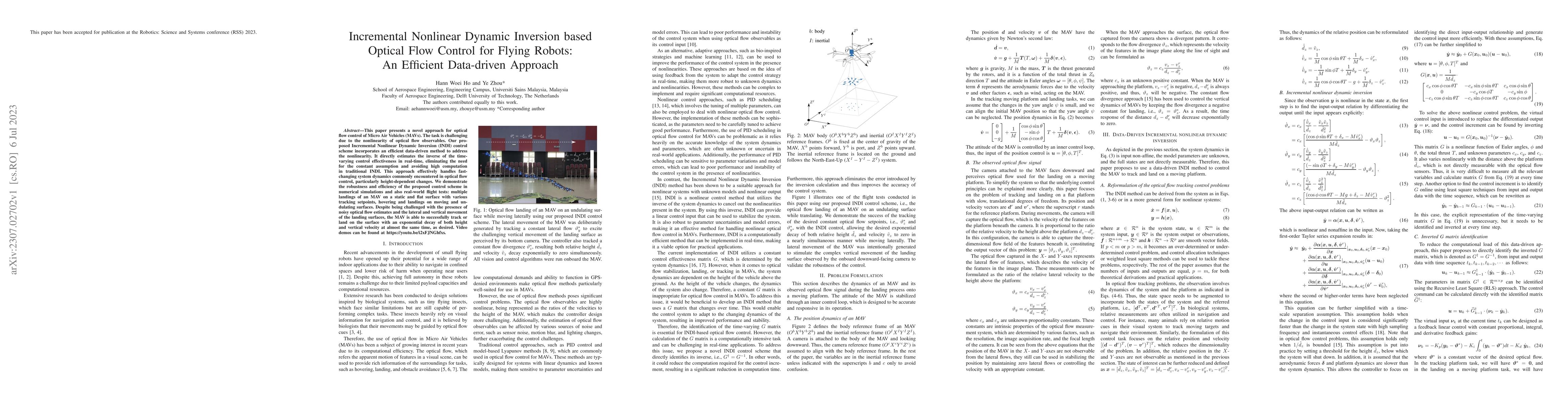 Thumbnail for Incremental Nonlinear Dynamic Inversion based Optical Flow Control for
  Flying Robots: An Efficient Data-driven Approach