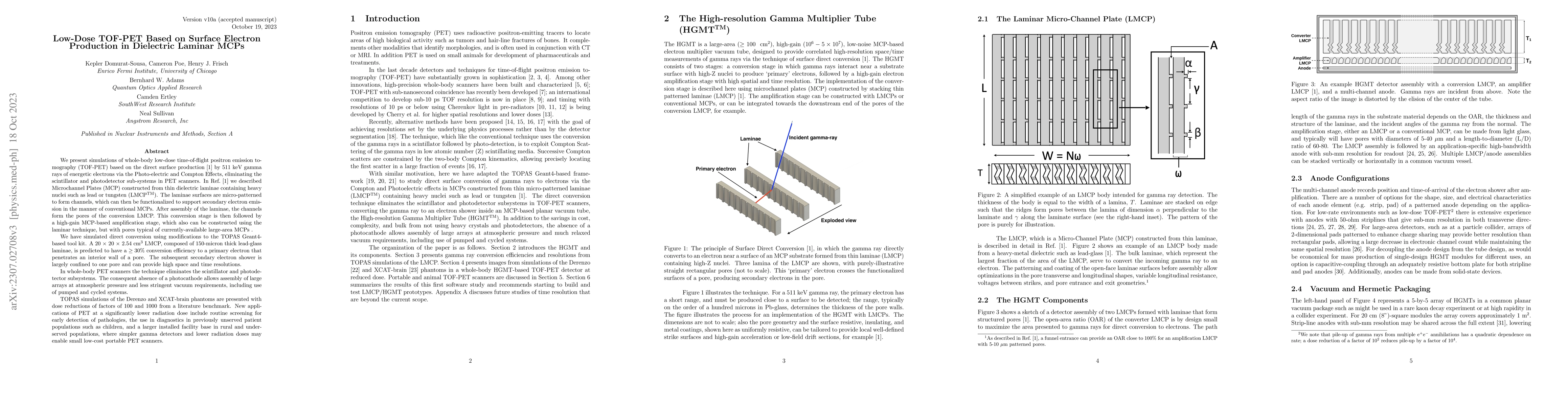 Thumbnail for Low-Dose TOF-PET Based on Surface Electron Production in Dielectric
  Laminar MCPs