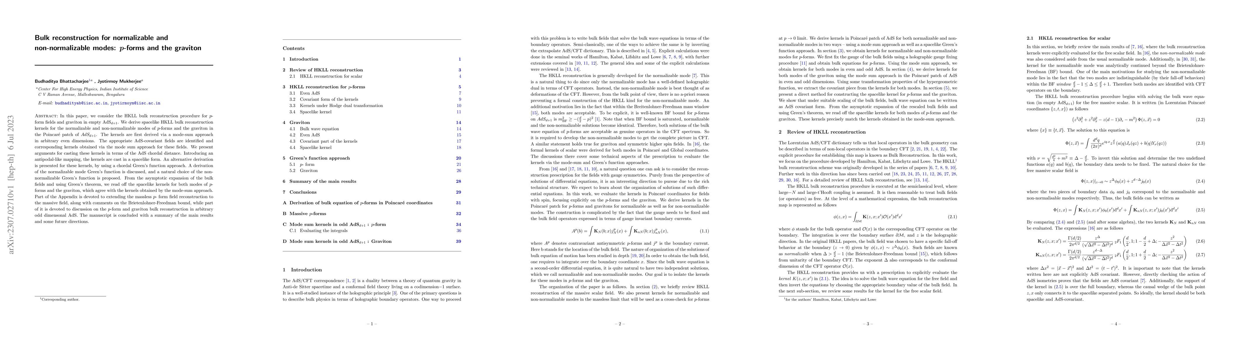 Thumbnail for Bulk reconstruction for normalizable and non-normalizable modes: p-forms
  and the graviton