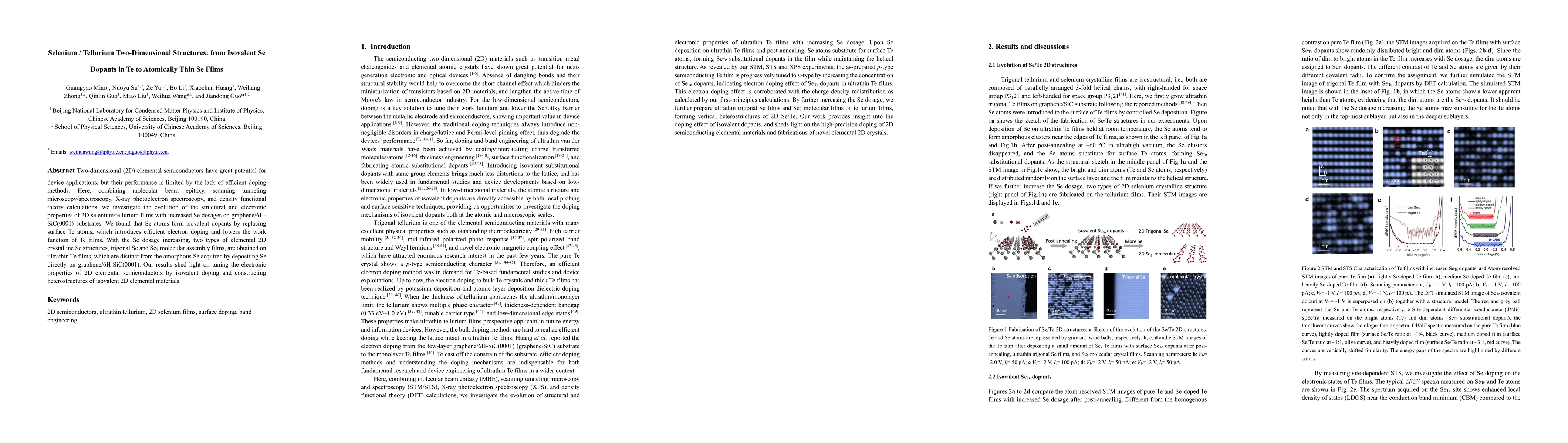 Thumbnail for Selenium / Tellurium Two-Dimensional Structures: from Isovalent Se
  Dopants in Te to Atomically Thin Se Films