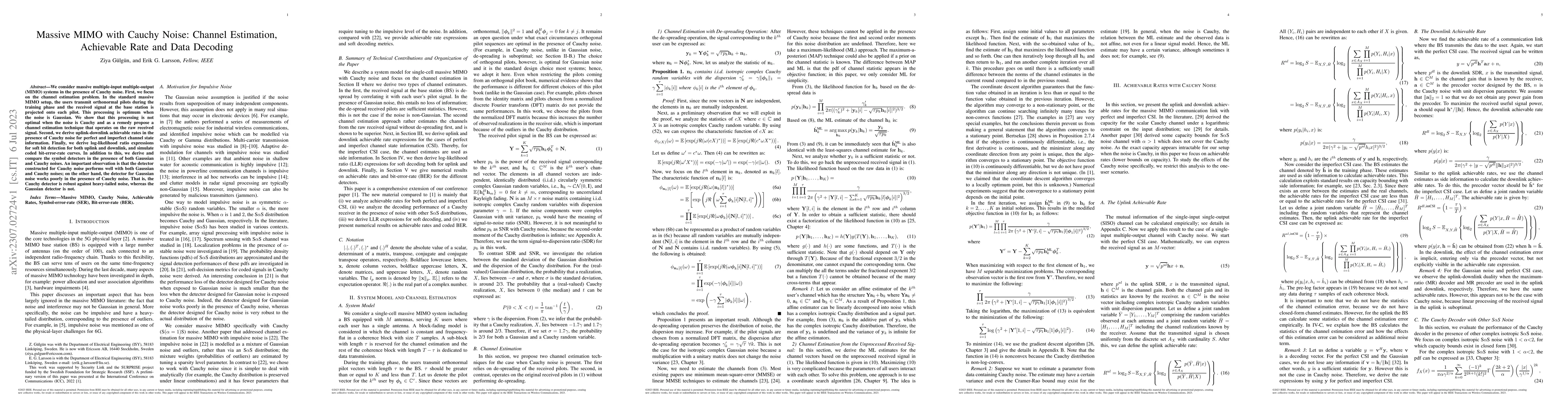 Thumbnail for Massive MIMO with Cauchy Noise: Channel Estimation, Achievable Rate and
  Data Decoding