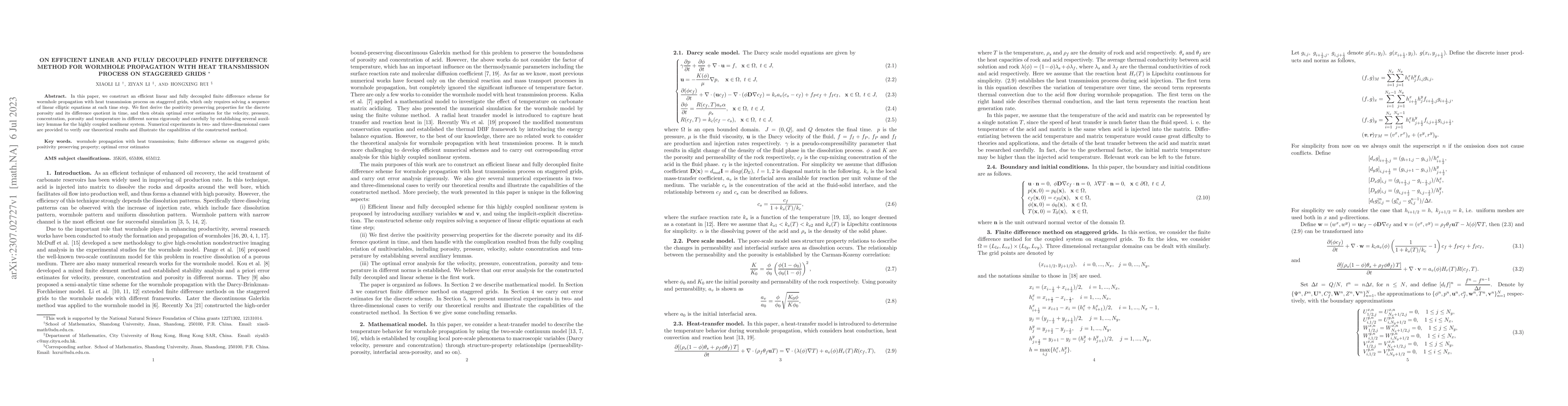Thumbnail for On efficient linear and fully decoupled finite difference method for
  wormhole propagation with heat transmission process on staggered grids