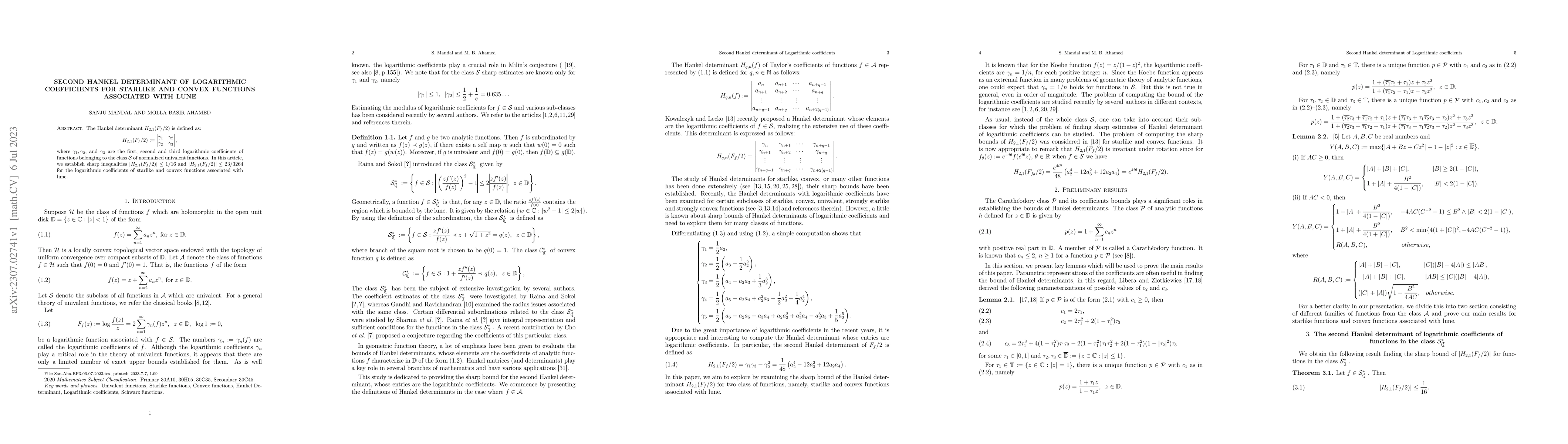 Thumbnail for Second Hankel determinant of Logarithmic coefficients for Starlike and
  Convex functions associated with lune