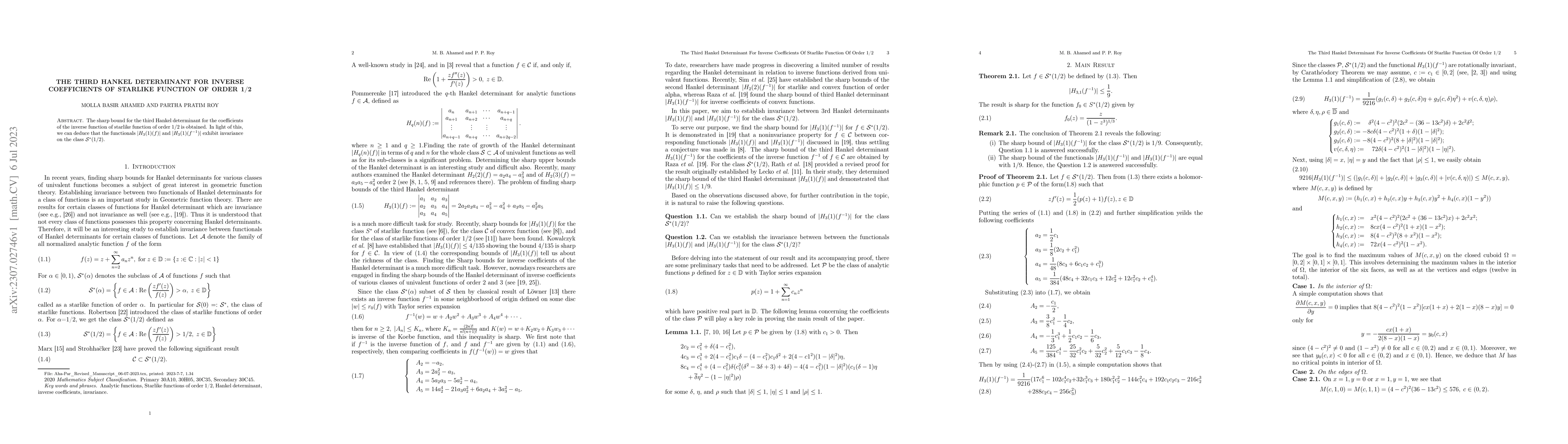 Thumbnail for The third Hankel determinant for inverse coefficients of starlike
  functions of order 1/2