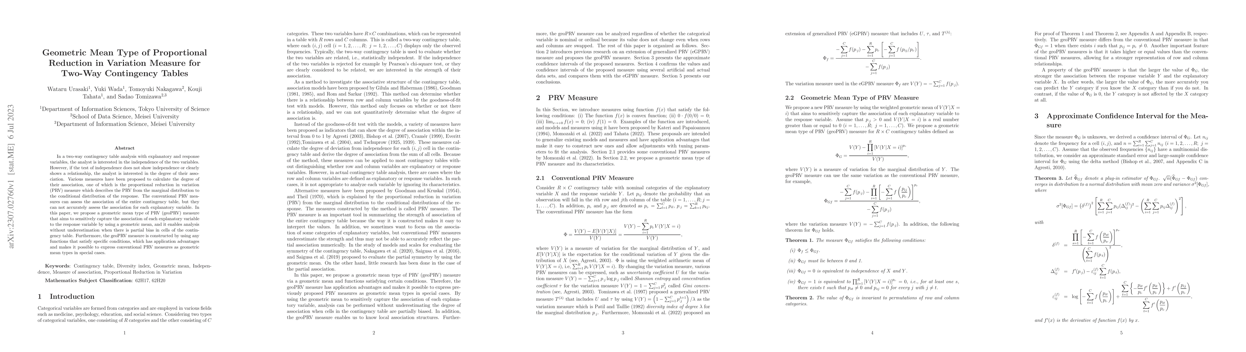 Thumbnail for Geometric Mean Type of Proportional Reduction in Variation Measure for
  Two-Way Contingency Tables