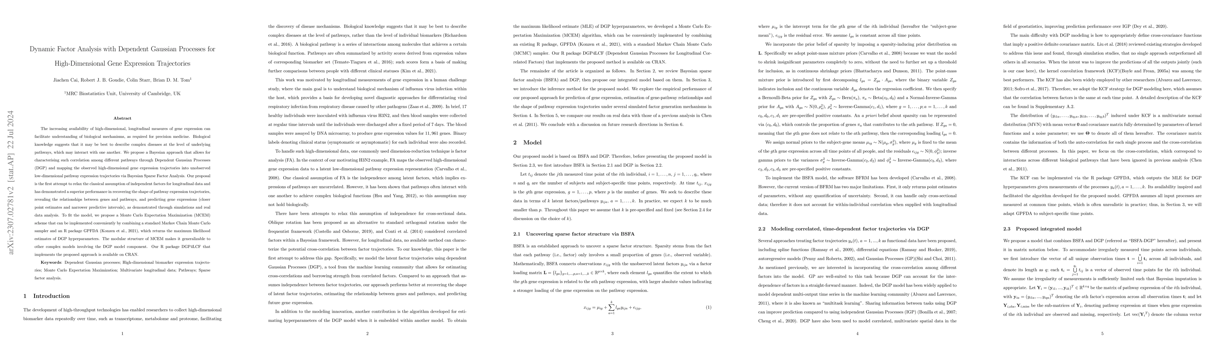 Thumbnail for Dynamic Factor Analysis with Dependent Gaussian Processes for
  High-Dimensional Gene Expression Trajectories