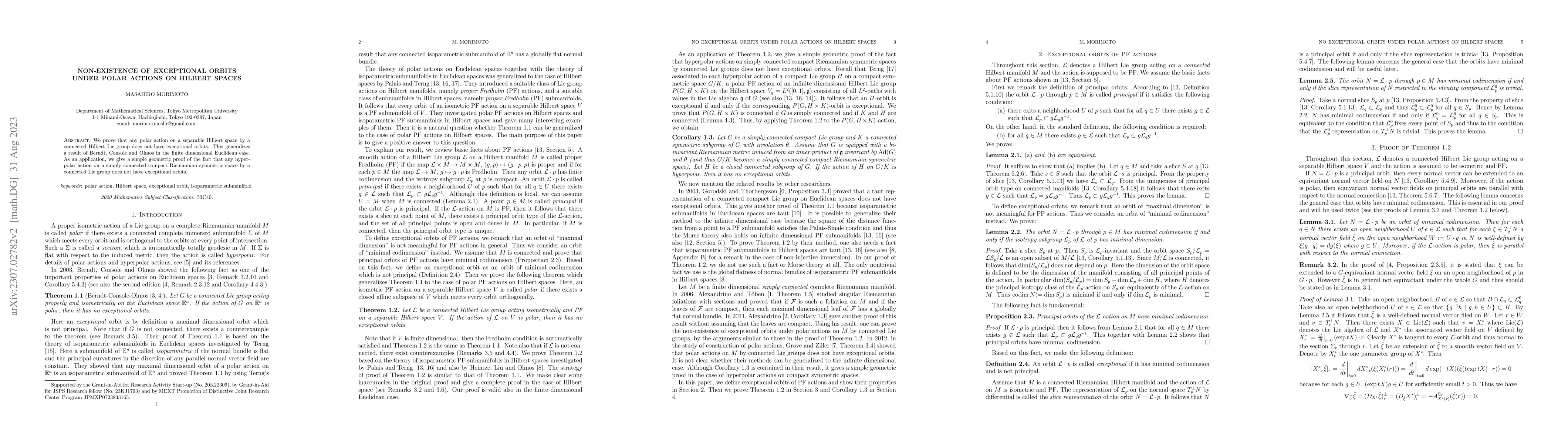 Thumbnail for Non-existence of exceptional orbits under polar actions on Hilbert
  spaces