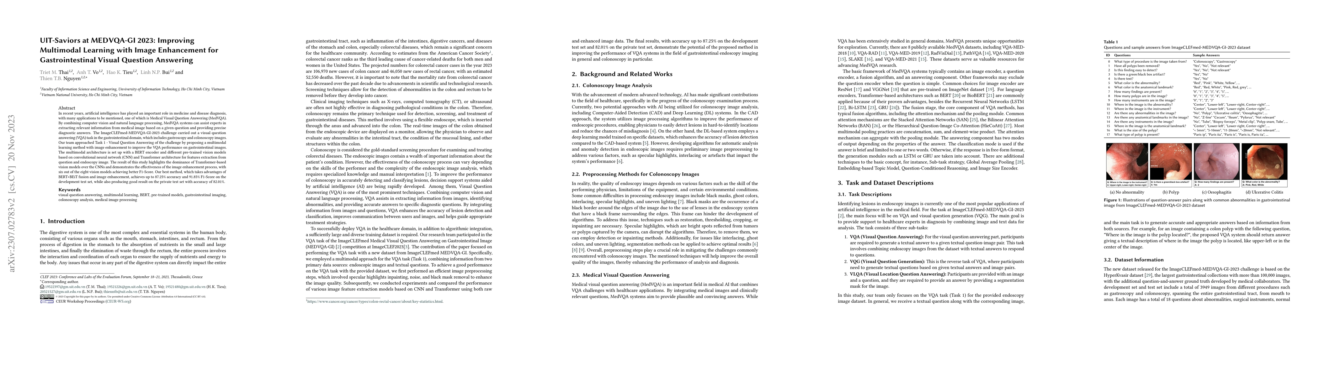 Thumbnail for UIT-Saviors at MEDVQA-GI 2023: Improving Multimodal Learning with Image
  Enhancement for Gastrointestinal Visual Question Answering