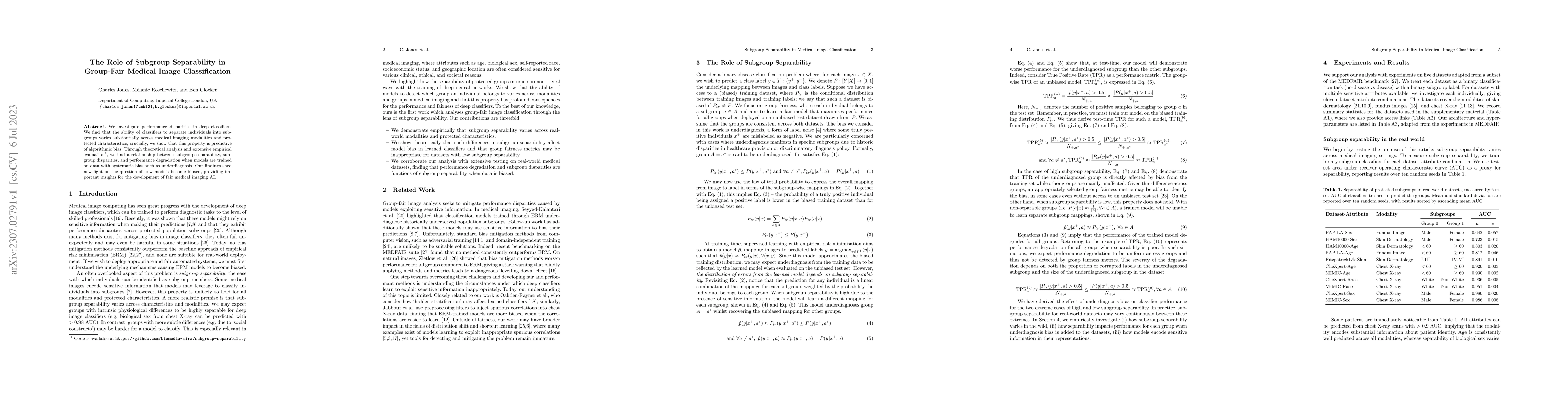 Thumbnail for The Role of Subgroup Separability in Group-Fair Medical Image
  Classification