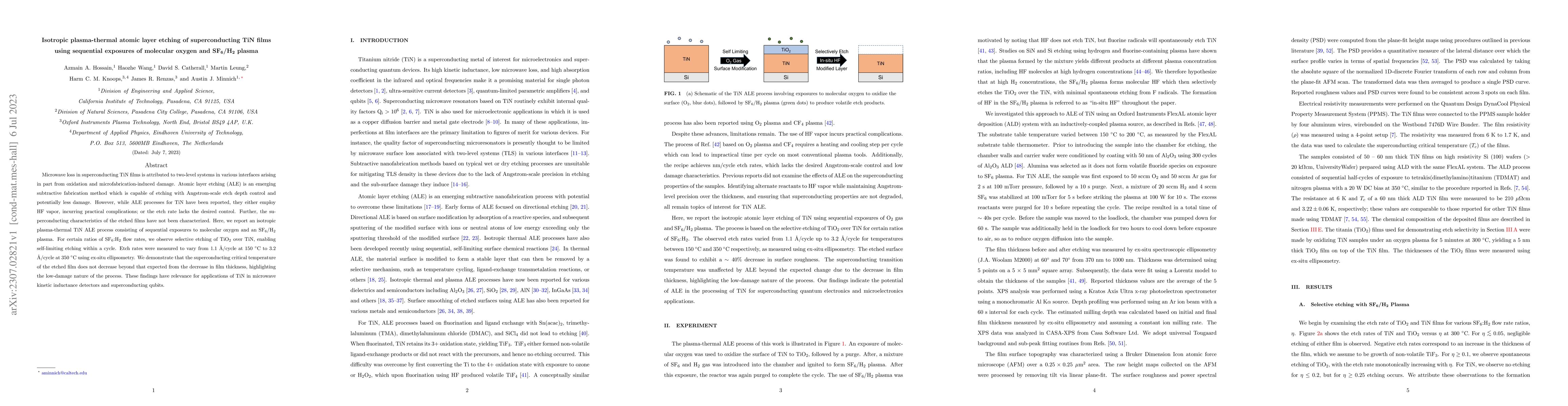 Thumbnail for Isotropic plasma-thermal atomic layer etching of superconducting TiN
  films using sequential exposures of molecular oxygen and SF$_6/$H$_2$ plasma