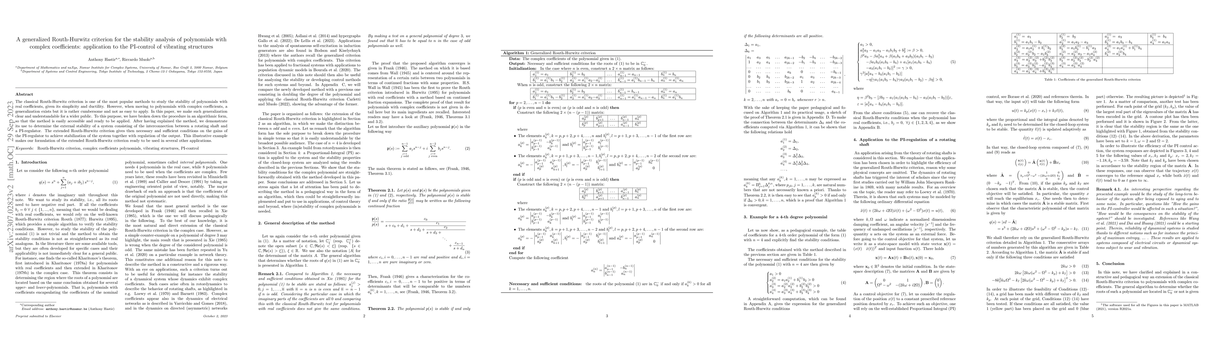 Thumbnail for A generalized Routh-Hurwitz criterion for the stability analysis of
  polynomials with complex coefficients: application to the PI-control of
  vibrating structures