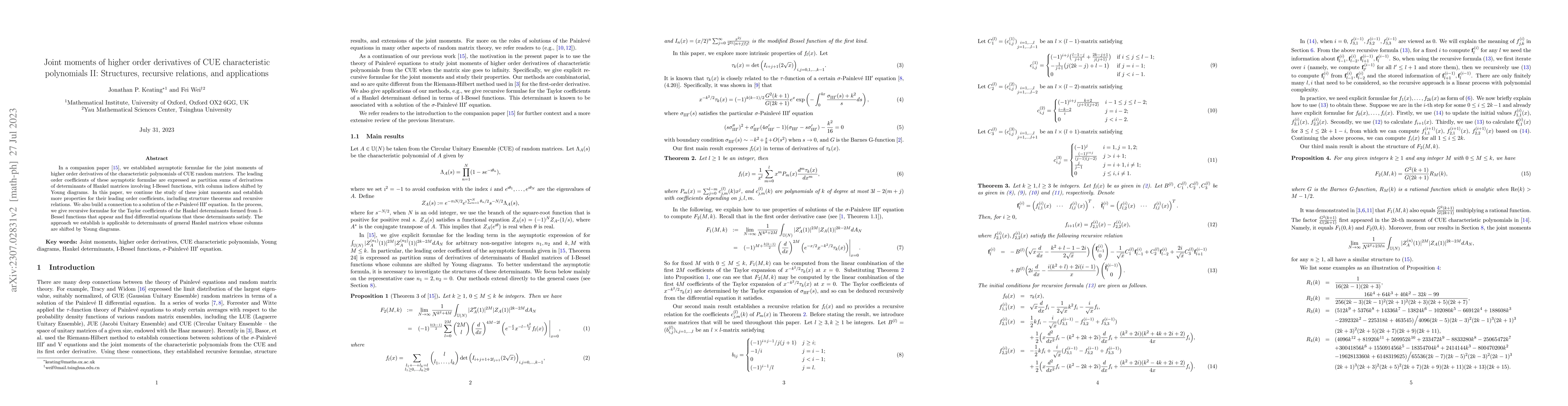 Thumbnail for Joint moments of higher order derivatives of CUE characteristic
  polynomials II: Structures, recursive relations, and applications