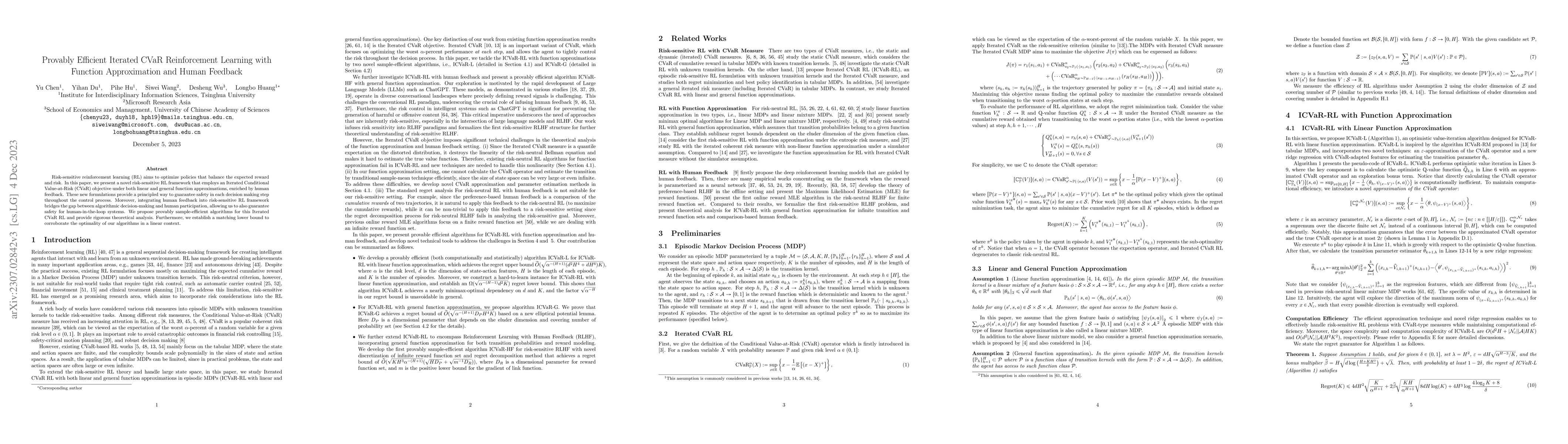 Thumbnail for Provably Efficient Iterated CVaR Reinforcement Learning with Function
  Approximation and Human Feedback