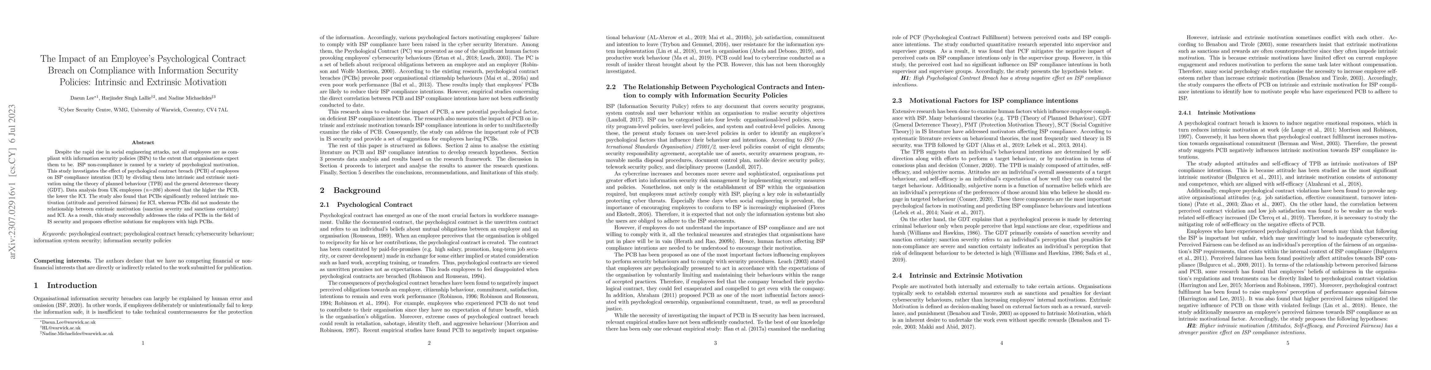 Thumbnail for The impact of an employee's psychological contract breach on compliance
  with information security policies: intrinsic and extrinsic motivation