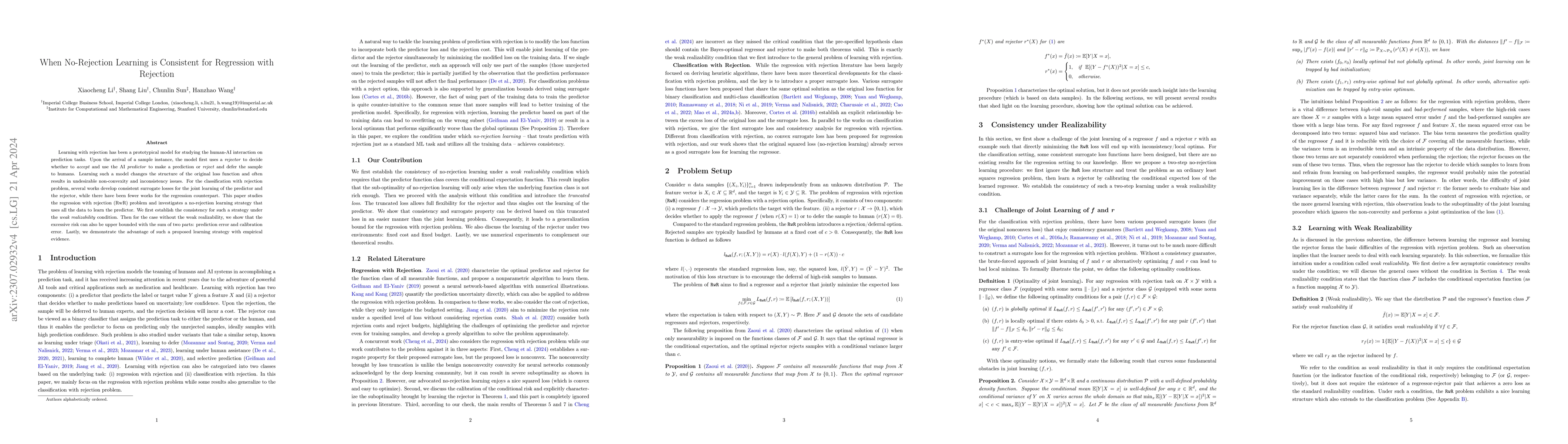 Thumbnail for When No-Rejection Learning is Consistent for Regression with Rejection