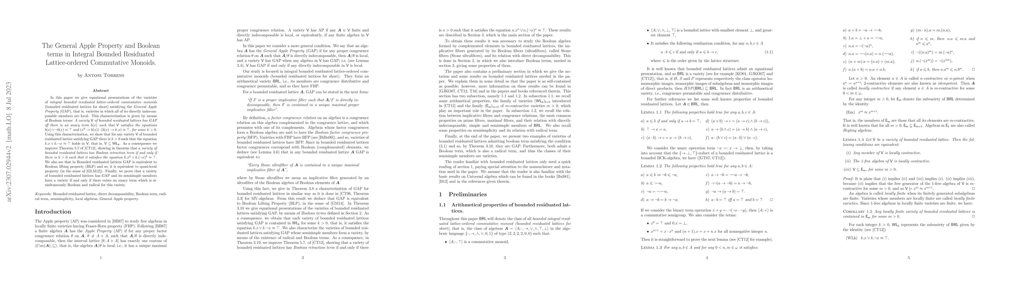 Thumbnail for The General Apple Property and Boolean terms in Integral Bounded
  Residuated Lattice-ordered Commutative Monoids