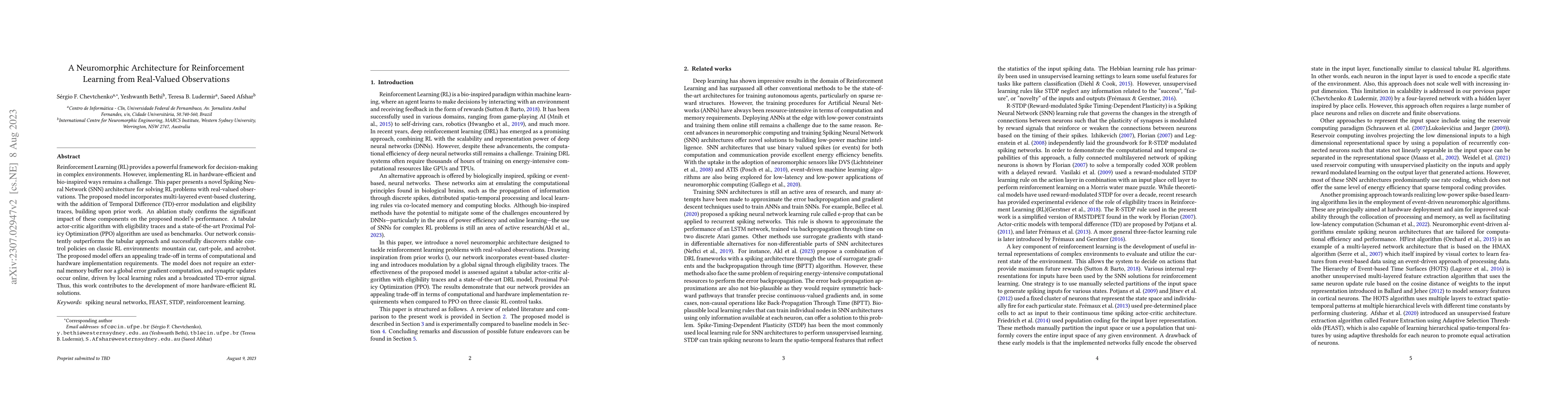 Thumbnail for A Neuromorphic Architecture for Reinforcement Learning from Real-Valued
  Observations