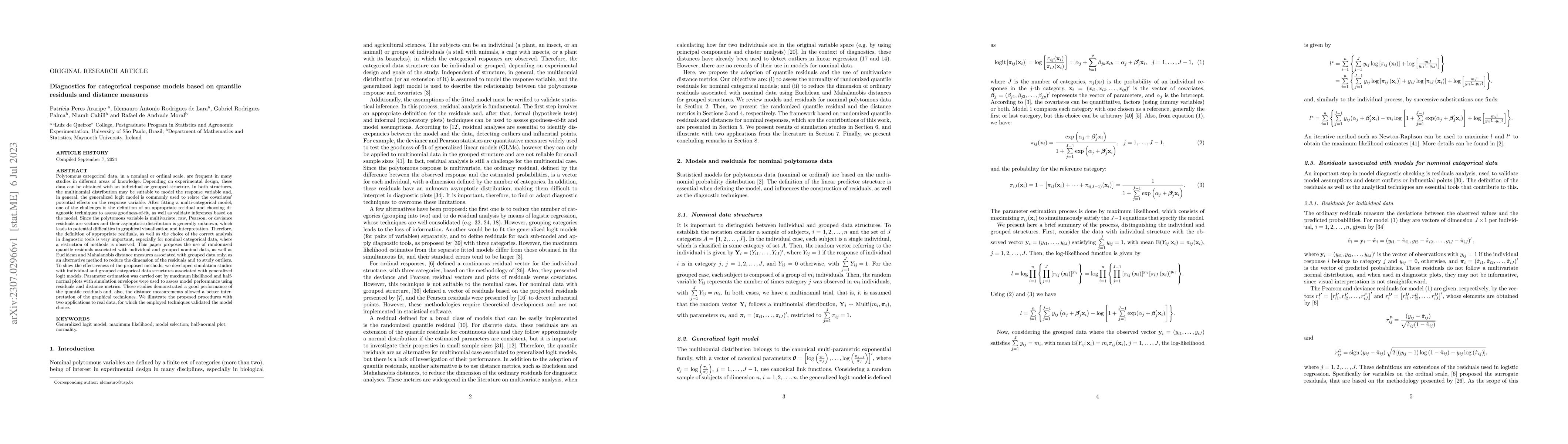 Thumbnail for Diagnostics for categorical response models based on quantile residuals
  and distance measures